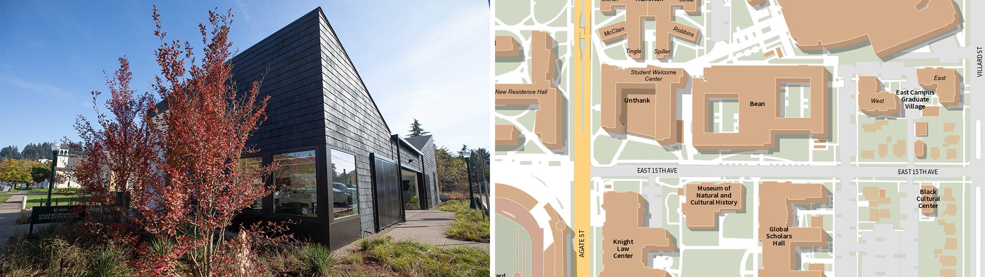 Exterior shot of the BCC, and a map of UO campus, the BCC on the right side