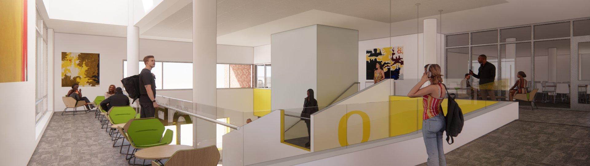 A 3D interior rendering of a UO Portland Campus building, with students walking around and sitting at small tables.