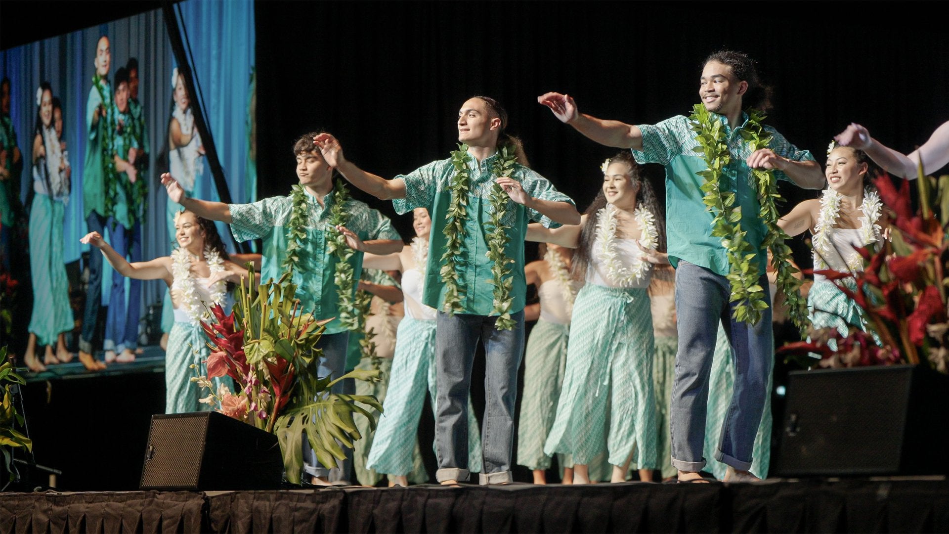 Caleb Correa dancing with fellow students at the 2025 Hawaii club Luau
