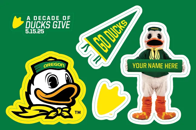 Image of UO stickers including A Decade of Ducks Give logo, a pennant, and the Duck