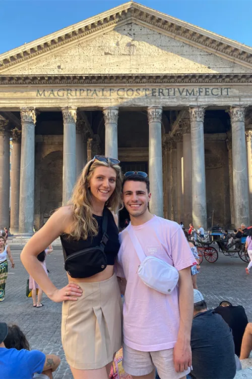 Two UO study abroad students pose for a photo in front of the Pantheon in Rome