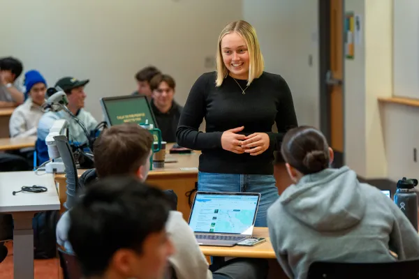 Stella Rab smiling to students