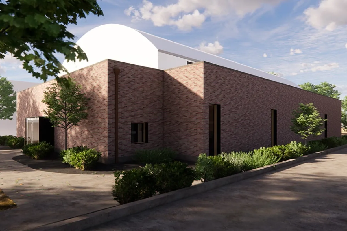 A 3D rendering of the exterior of Highland Hall