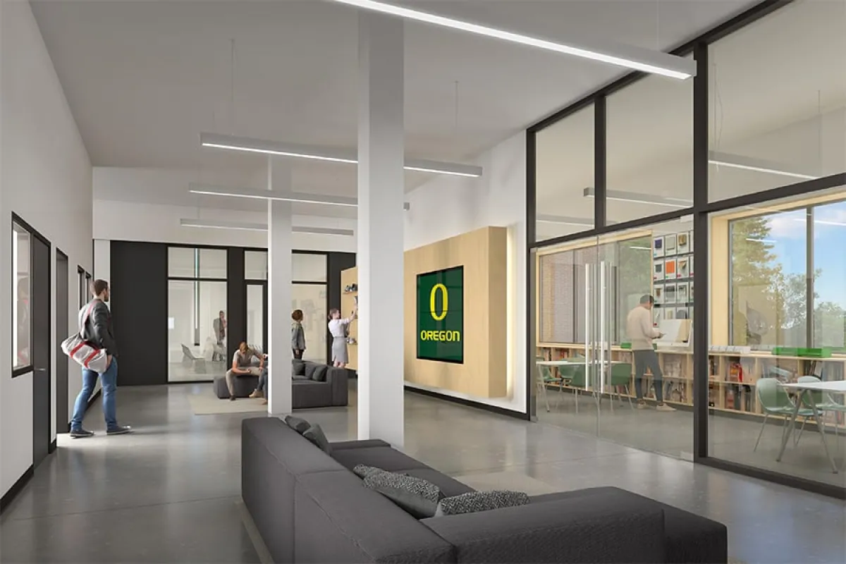 A 3D rendering of the interior of the Innovation Building