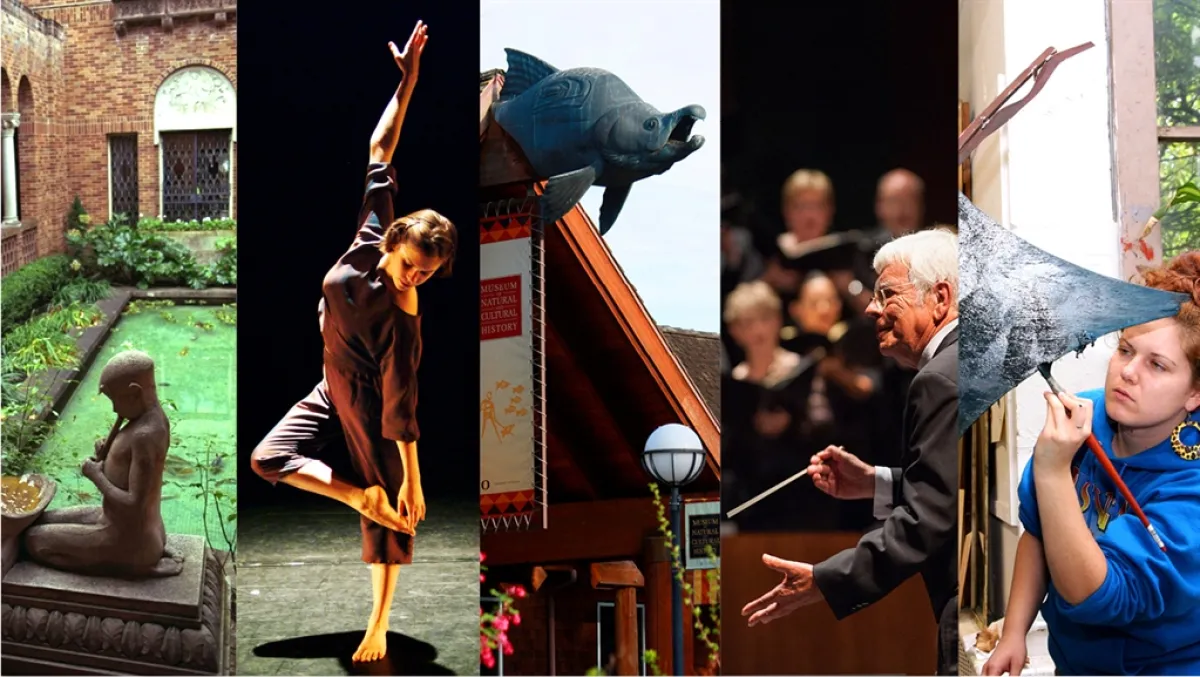 Image is split up into 5 columns, each with a different image: a stone statue, a dancer, a building adorned with a fish statue, a conductor, and a person painting