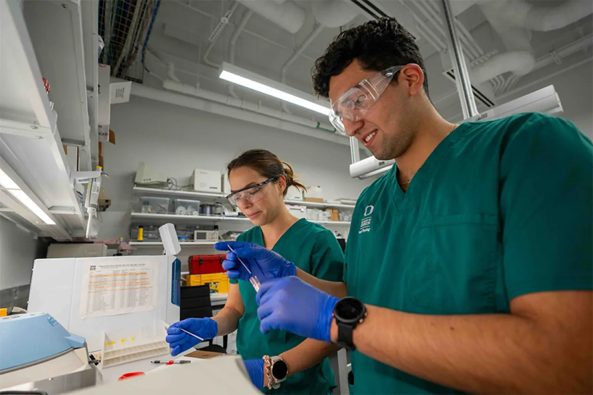 Two UO students in medical scrubs, rubber gloves and safety glasses work a table in a lab