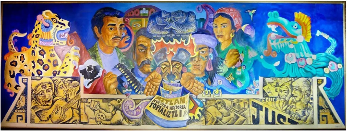 The Aztlan Topializti Mural by artist Martha Ramirez Oropeza is displayed in the Erb Memorial Union