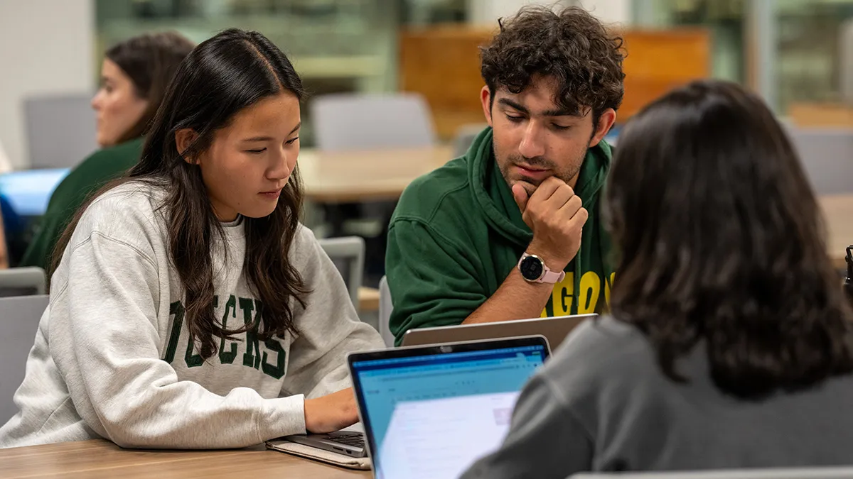 Students in UO gear working on laptops at Knight Library.