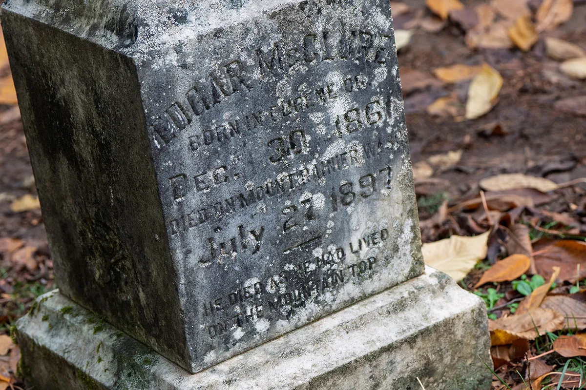 Gravestone for Edgar McClure died on Mount Rainer July 27, 1897