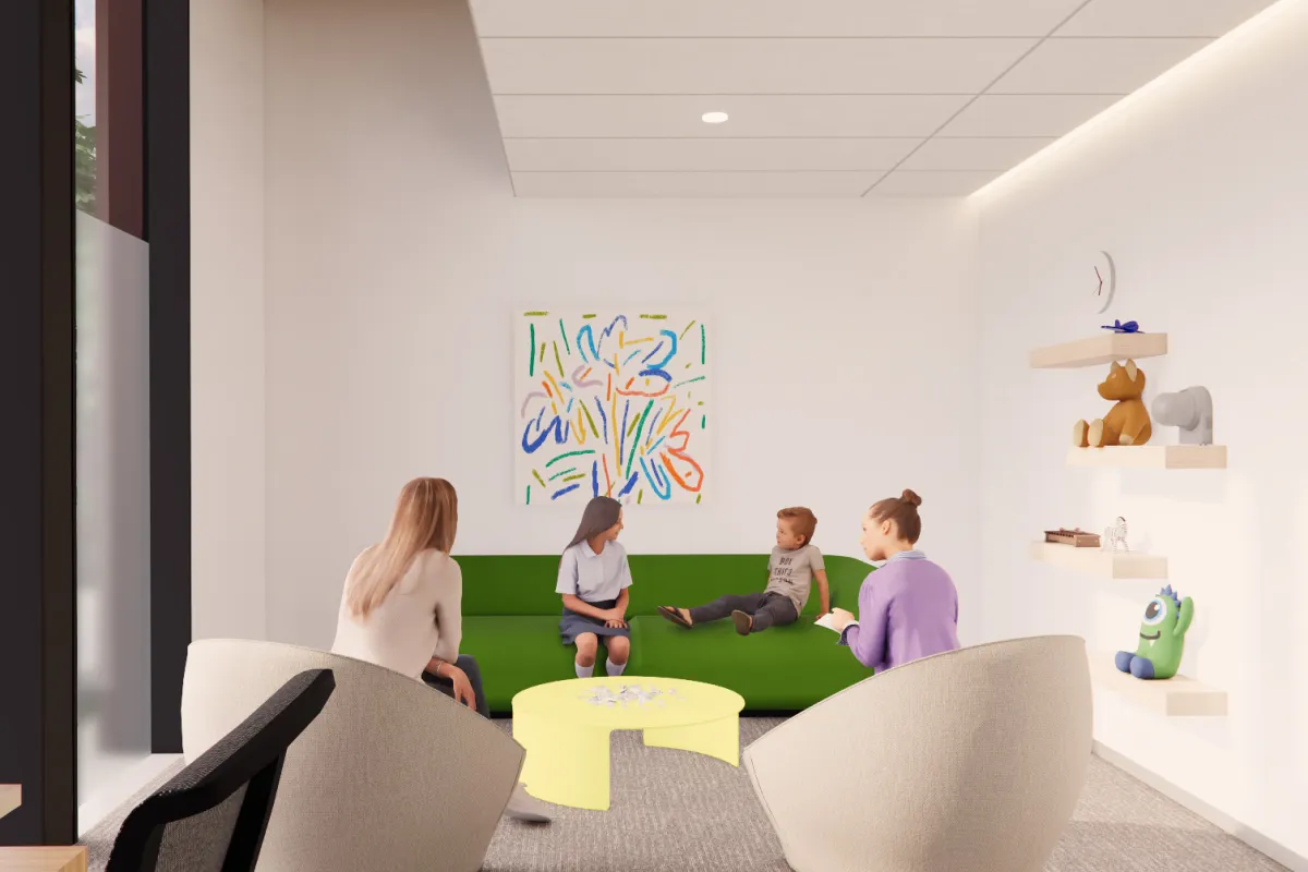 A rendering of a family intervention room at the new Child Behavioral Health Building on the University of Oregon Portland campus.